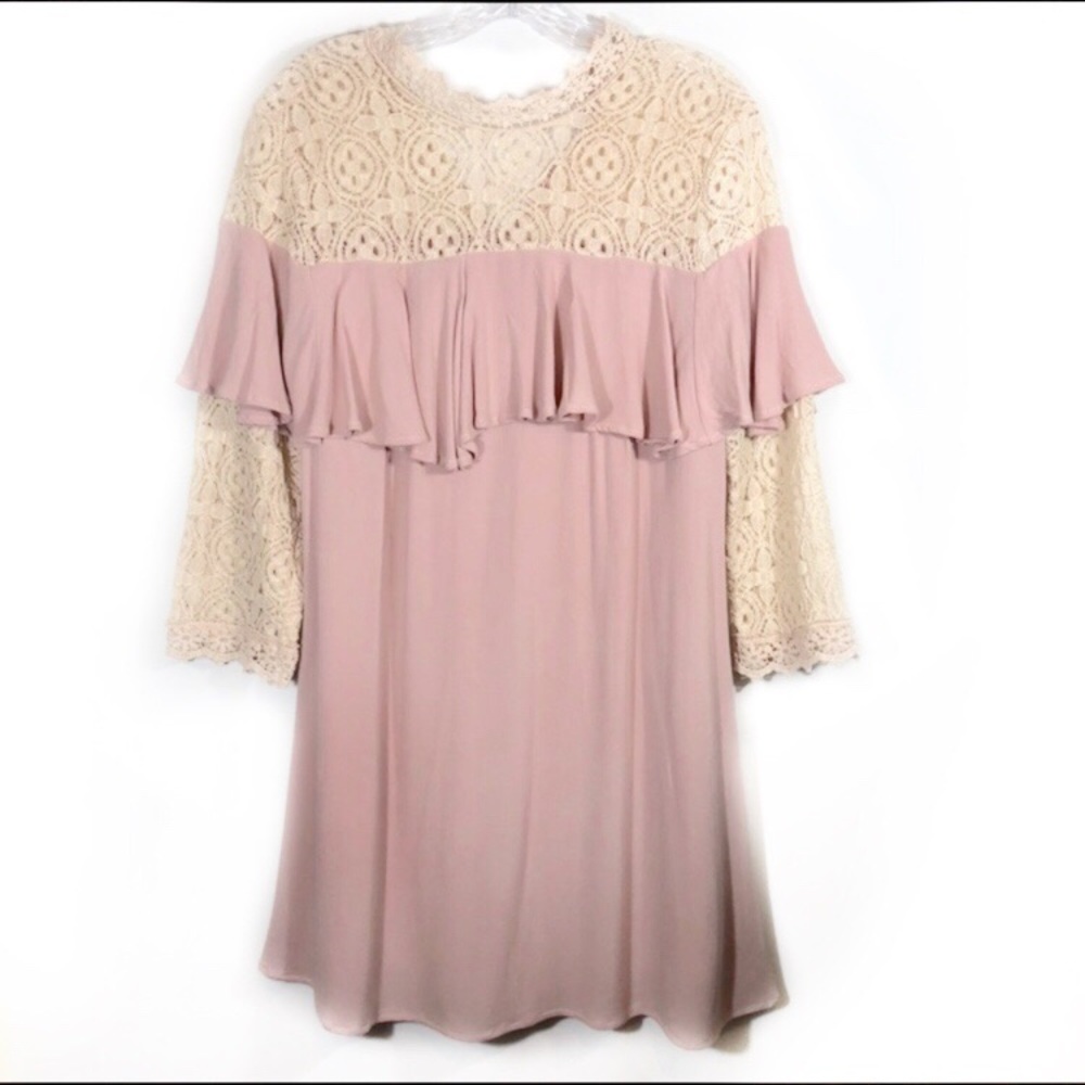 Ruffle accent statement lace chest & sleeve dress